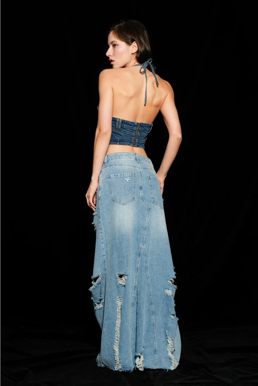 Alaina Distressed Denim Maxi Skirt - Long Jean Skirt - Jean Maxi Skirt denim skirt long