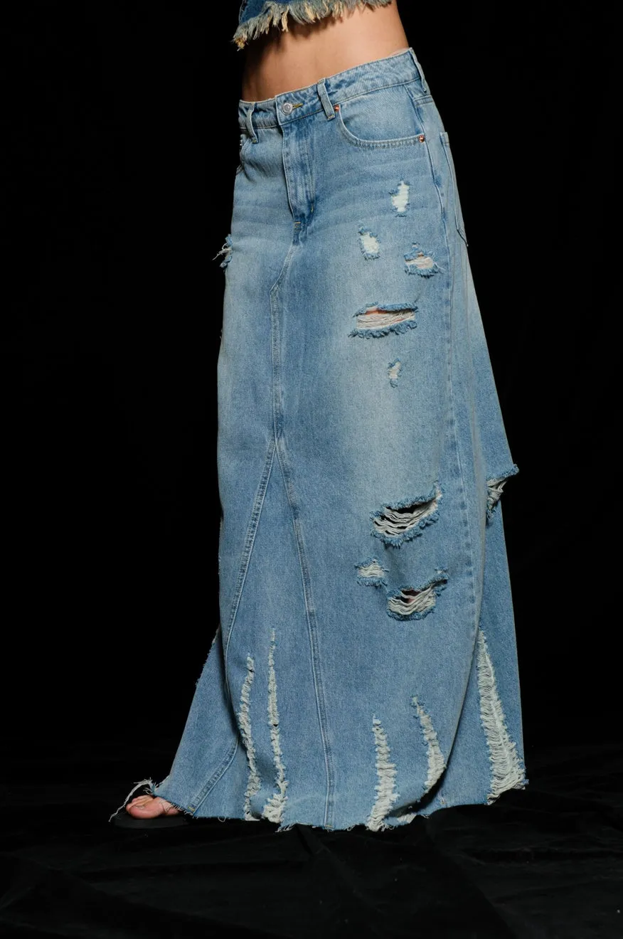 Alaina Distressed Denim Maxi Skirt - Long Jean Skirt - Jean Maxi Skirt denim skirt long