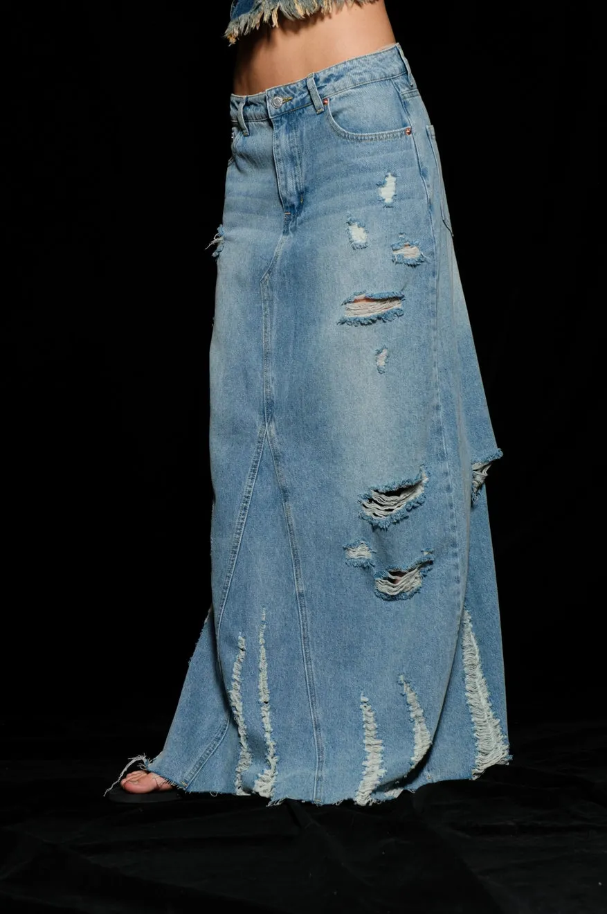 Alaina Distressed Denim Maxi Skirt - Long Jean Skirt - Jean Maxi Skirt denim skirt long