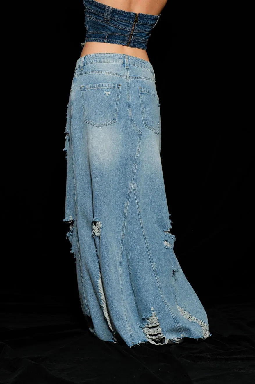 Alaina Distressed Denim Maxi Skirt - Long Jean Skirt - Jean Maxi Skirt denim skirt long
