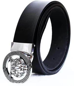 Luxurious Black Silver Tiger Buckle Cowhide Leather Belt