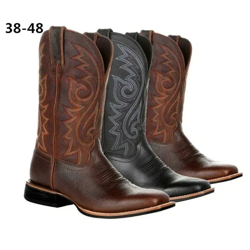 Men's Mid-Calf Western Cowboy Boots - Handmade Leather in Black & Brown, Punk Style Riding Shoes