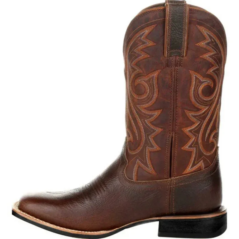 Men's Mid-Calf Western Cowboy Boots - Handmade Leather in Black & Brown, Punk Style Riding Shoes