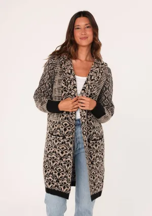 Patchwork Jacquard Open Front Hoodie Cardigan