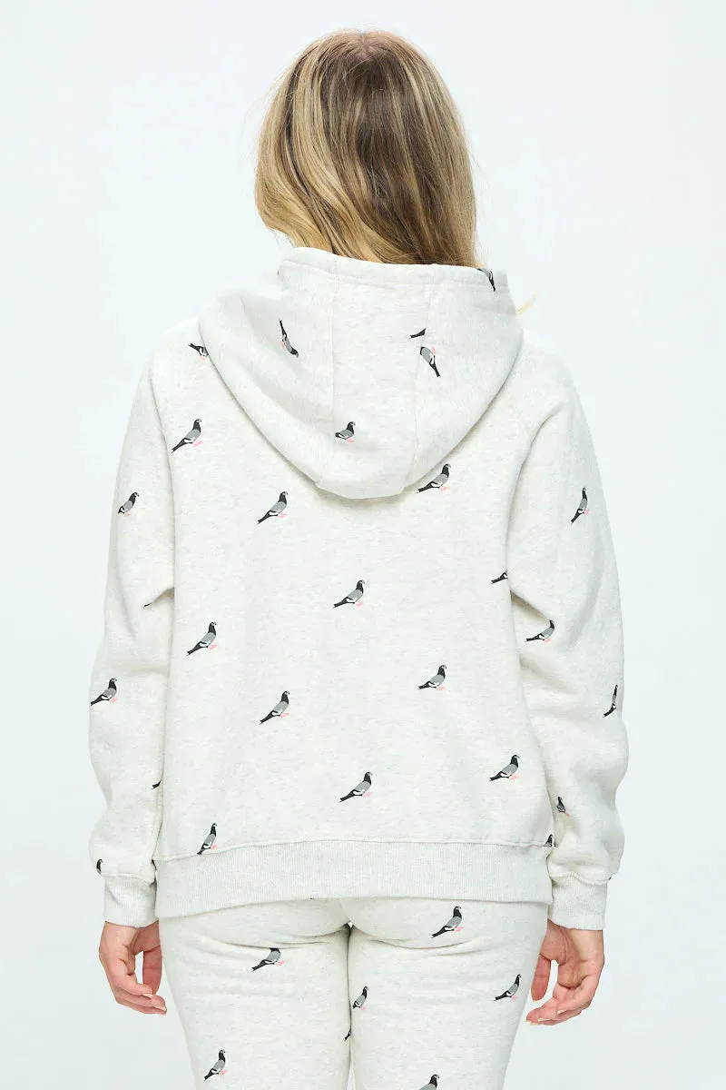Pigeon Print Zip Up Hoodie