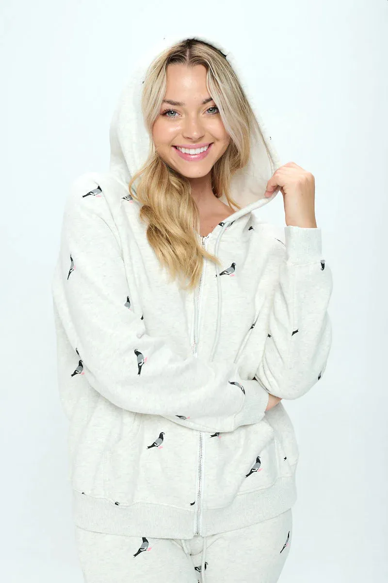 Pigeon Print Zip Up Hoodie