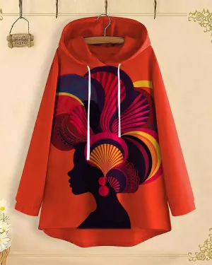 Retro Ethnic Portrait Long-Sleeved with Loose Hem Hoodie