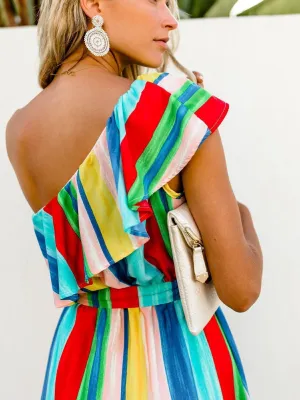 Sloping Shoulder Strapless Lace-Up Irregular Rainbow Striped Dress