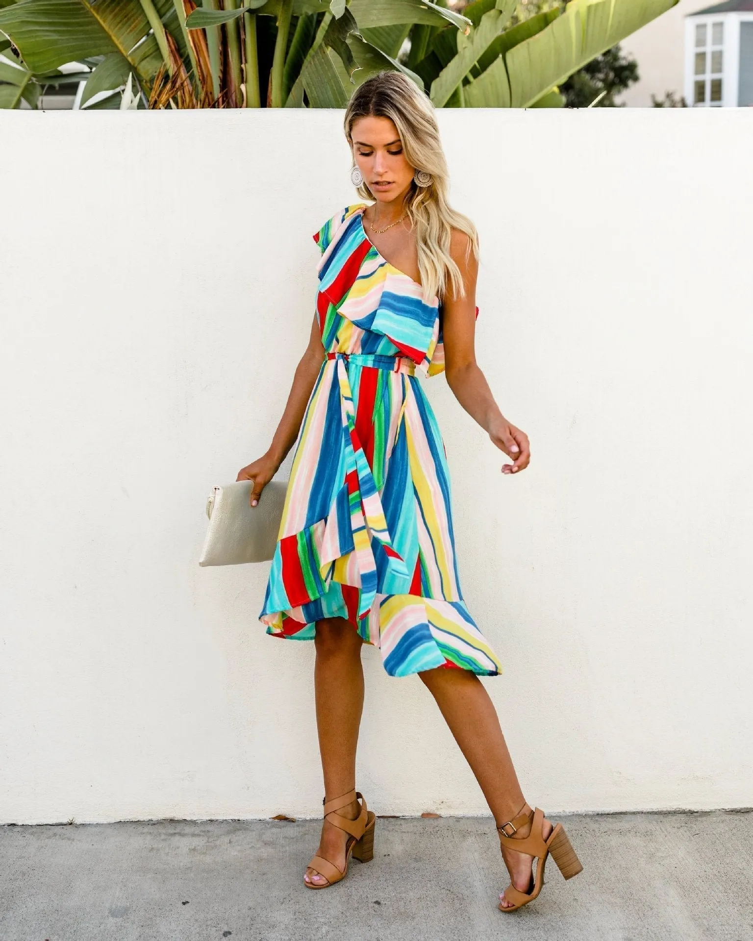 Sloping Shoulder Strapless Lace-Up Irregular Rainbow Striped Dress