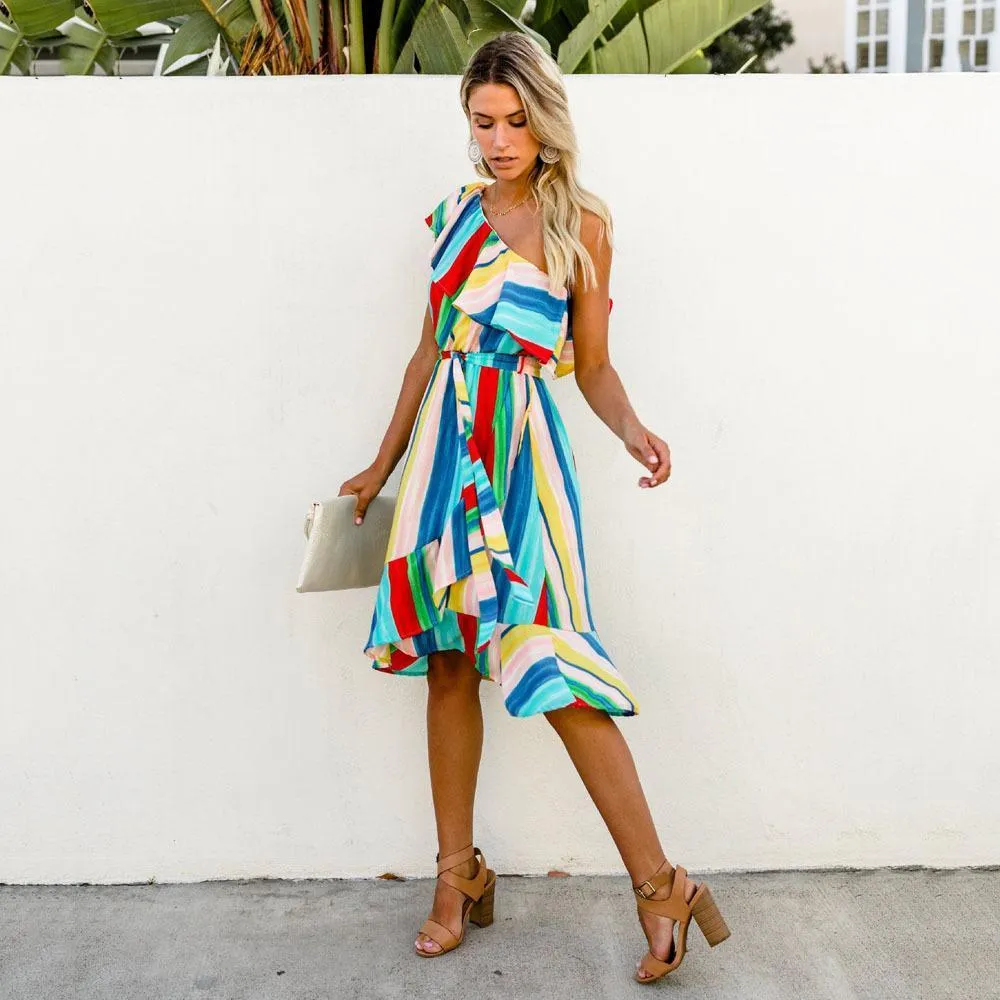 Sloping Shoulder Strapless Lace-Up Irregular Rainbow Striped Dress
