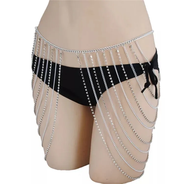 Stylish rhinestone Boho drape chain belt skirt